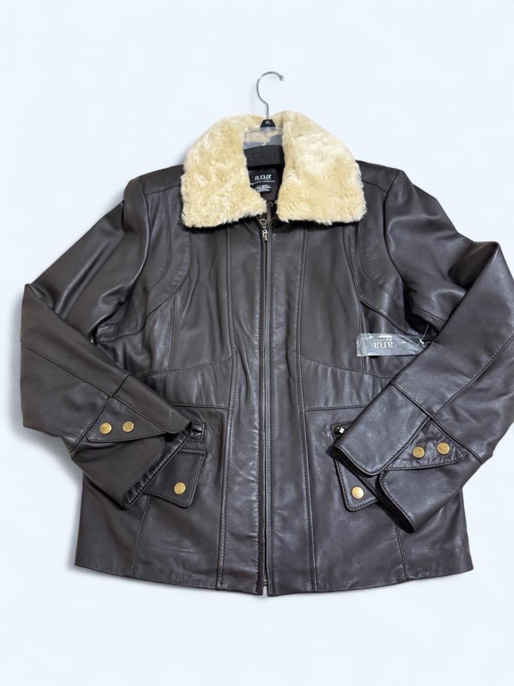NWT a.n.a. Genuine Lambskin Leather Jacket Faux Fur Collar Brown XL